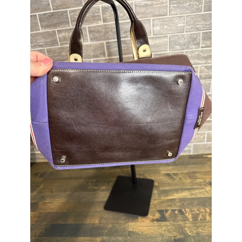 Kate Spade New York Striped Canvas Tote Bag Brown Purple Leather Trim Large